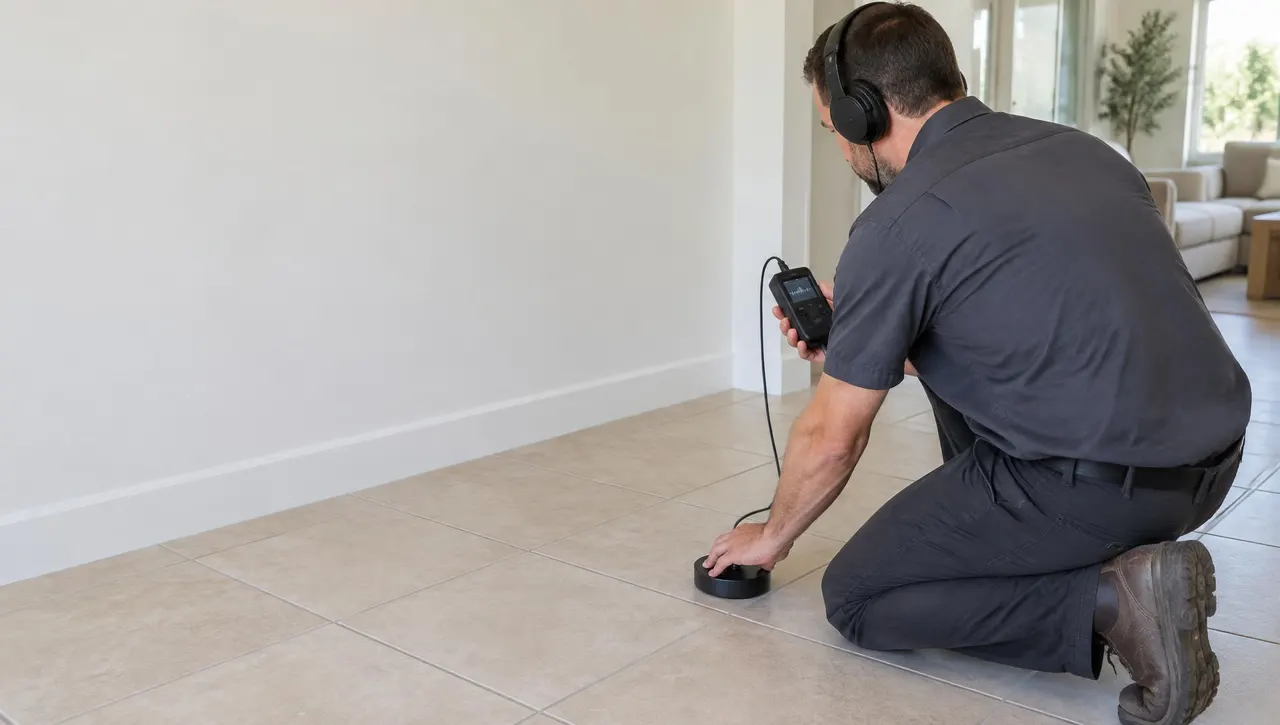A person wearing headphones kneels on a tiled living-room floor, holding an acoustic listening sensor against the tile