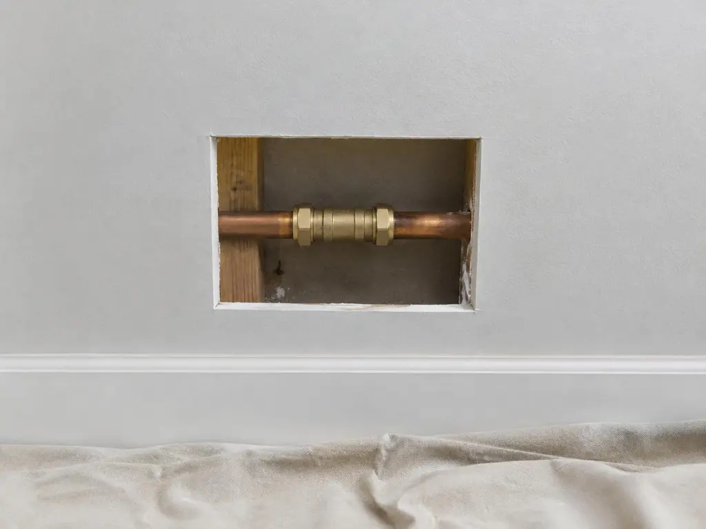 A small access opening in drywall showing a copper pipe joined with a repair coupling