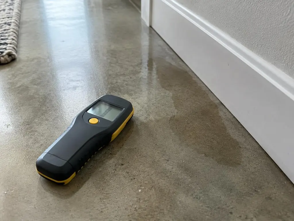 A moisture meter resting beside a damp patch on a concrete floor near a baseboard